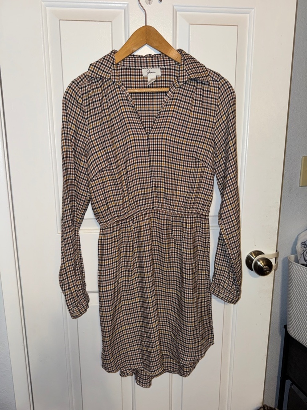 Japna Beige and Black Checked Long-Sleeve Shirtdress